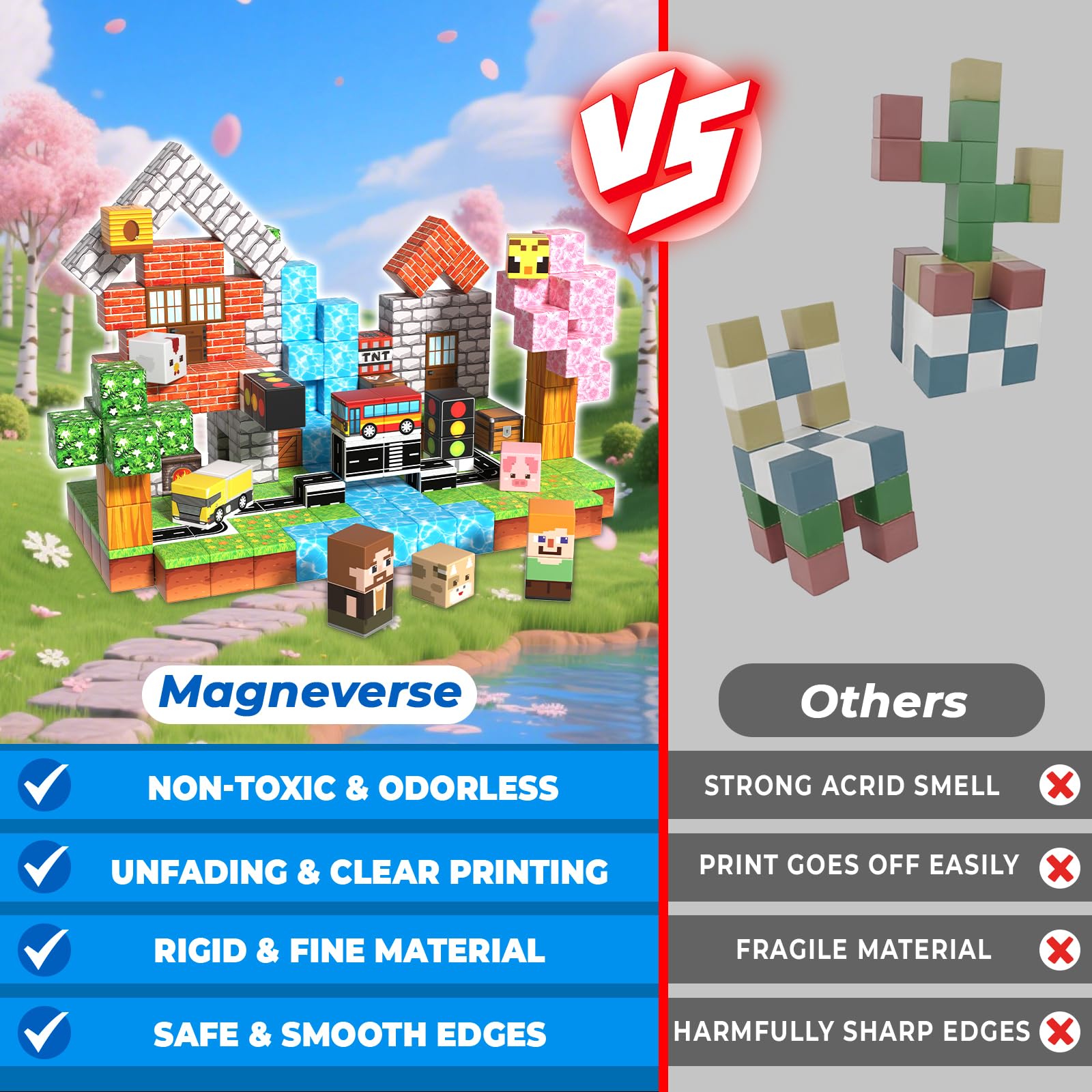 Safe and durable Magneverse magnetic blocks made from non-toxic materials for kids.