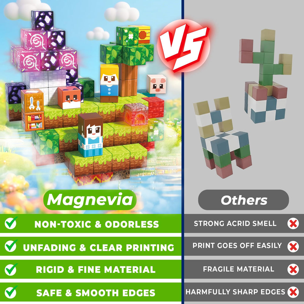Magnevia blocks connect with other magnetic toys for expanded play.