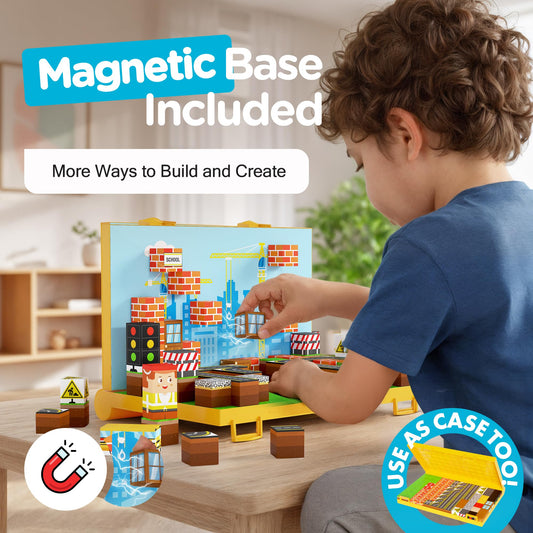 Magnezo magnetic cubes snap onto the base board for stable on-the-go construction