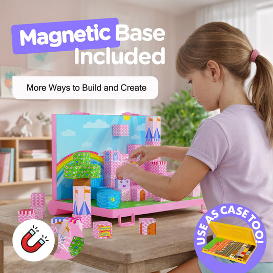 Magnezo princess castle construction shows colorful blocks forming a magical pretend world.