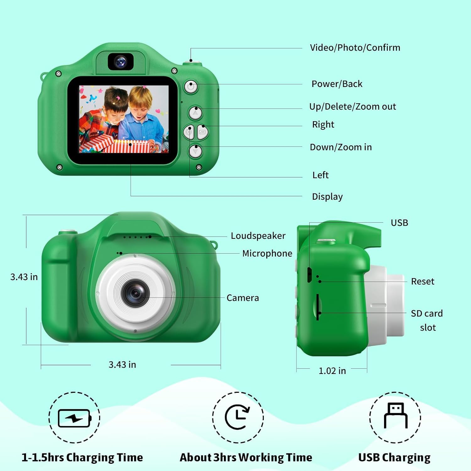 MgaoLo green camera design appealing to kids for creative storytelling.
