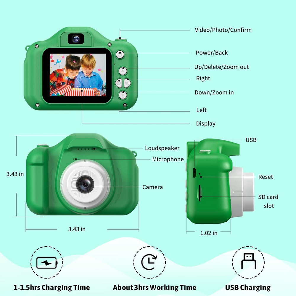 MgaoLo green camera design appealing to kids for creative storytelling.