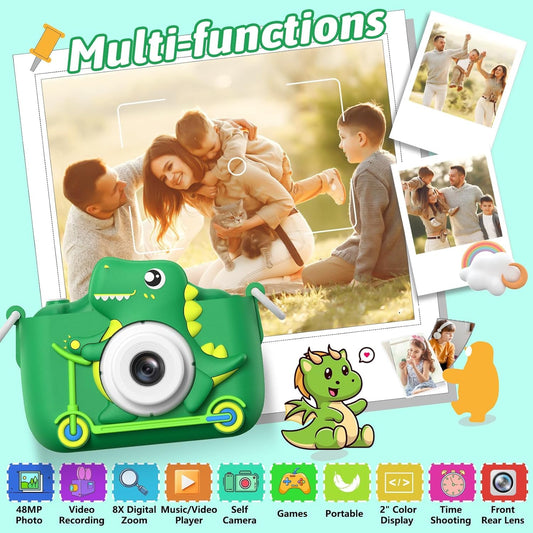 MgaoLo kids camera rear view highlighting 1080P video capture for family moments.
