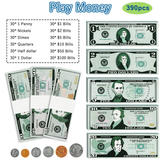 MAGLOGY coins close-up showing pretend currency for counting practice and role-play.
