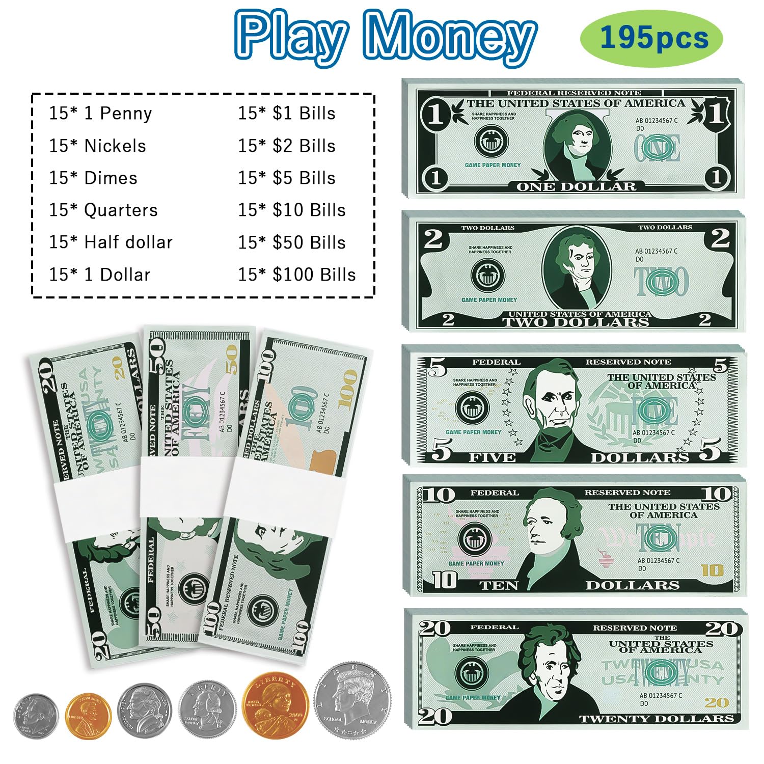 MAGLOGY play money kids counting practice with bills and coins