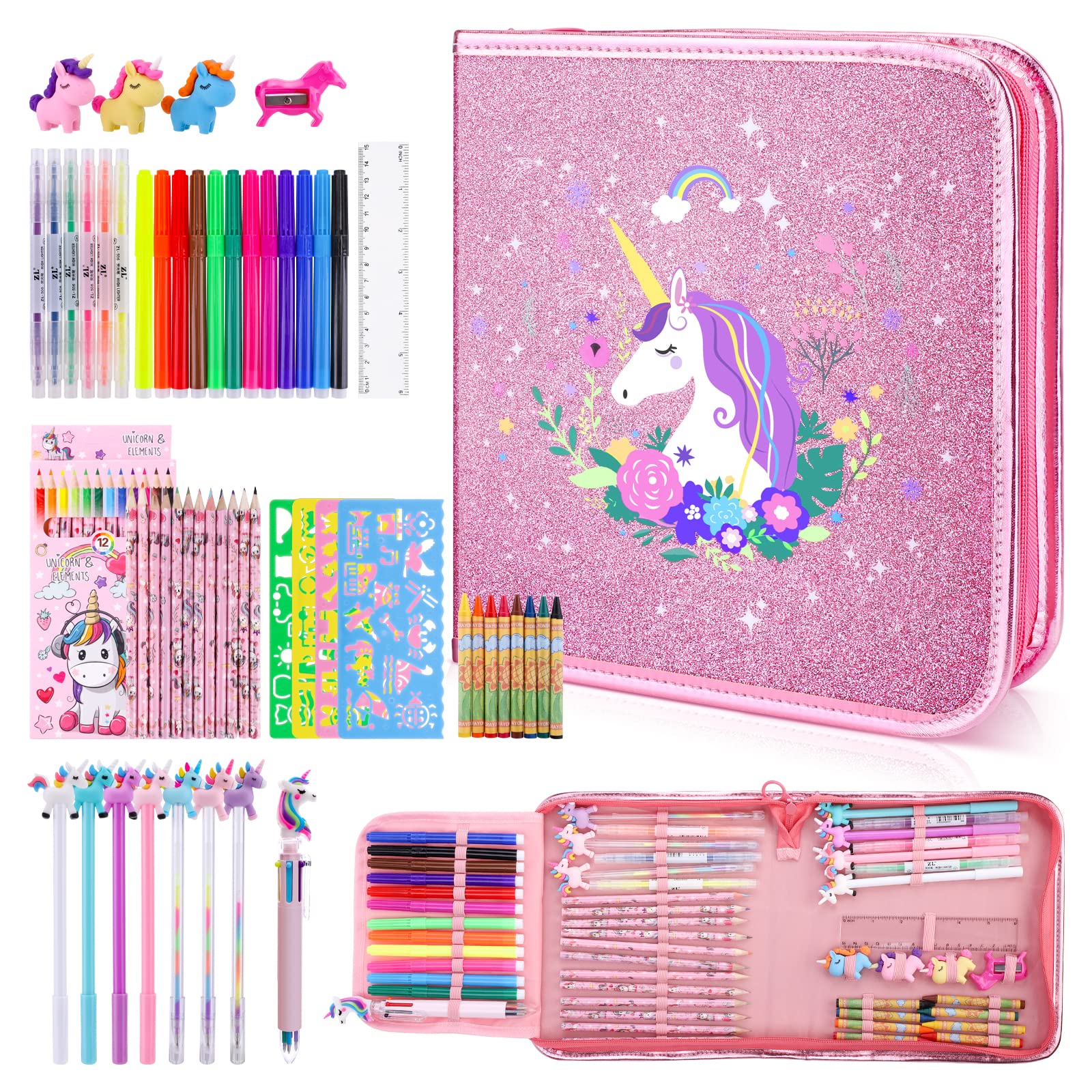 MAIGOZON unicorn glitter pencil case keeps art supplies organized and portable.