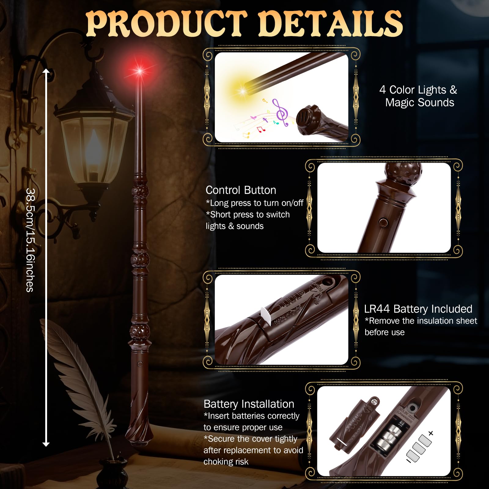 Maikoi wand lit on display with bright colors and sounds for immersive play.