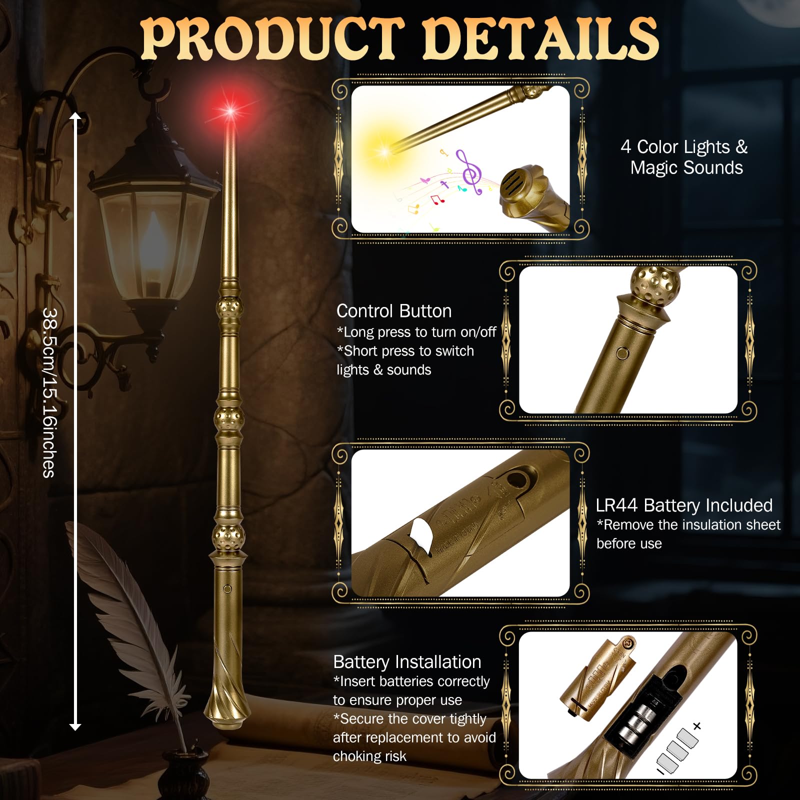 Maikoi wizard wand yellow glow with sound for spellcasting play