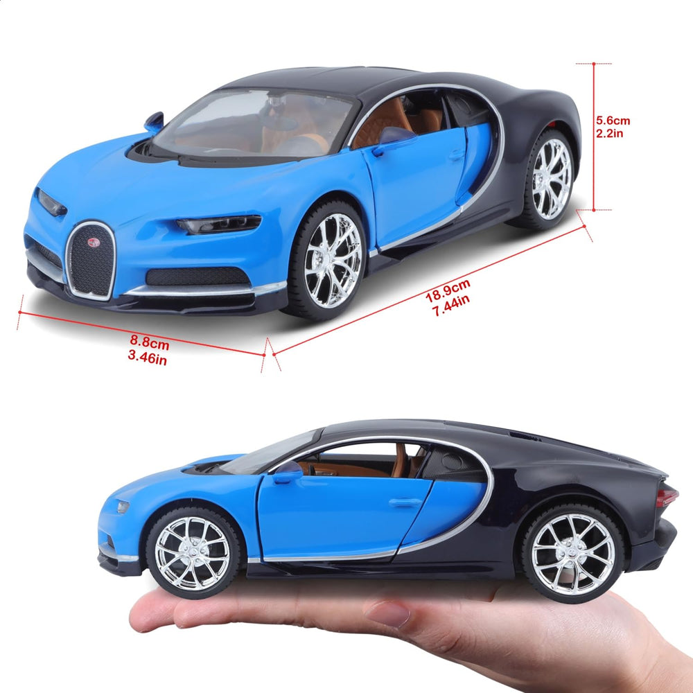Maisto Bugatti Chiron collector display stand-ready for shelf or desk.