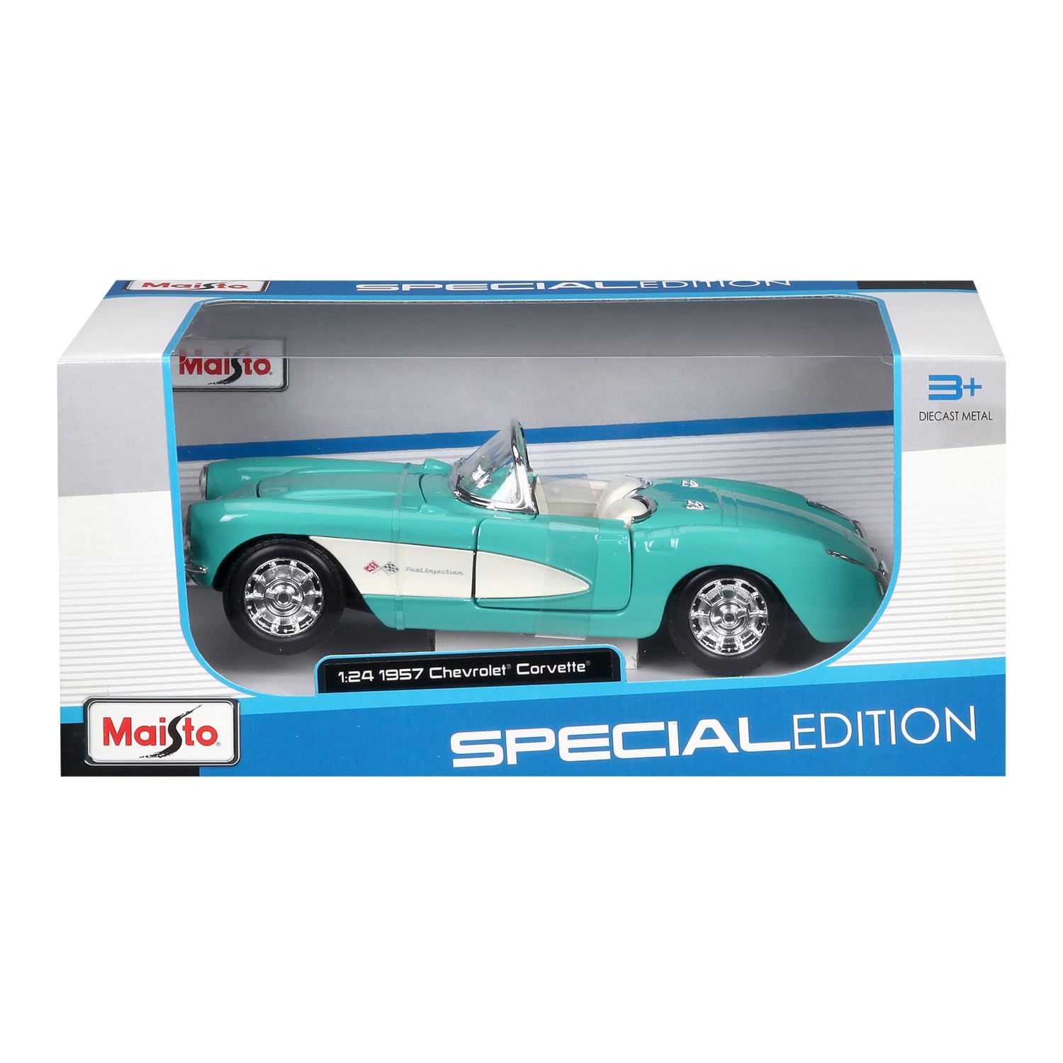 Maisto 1:24 Corvette turquoise close-up emphasizes finish and chrome accents.