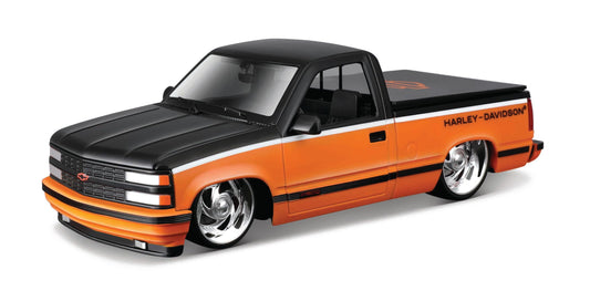 Maisto Harley Davidson Custom 1993 Chevy pickup orange and black, detailed interior for display collection