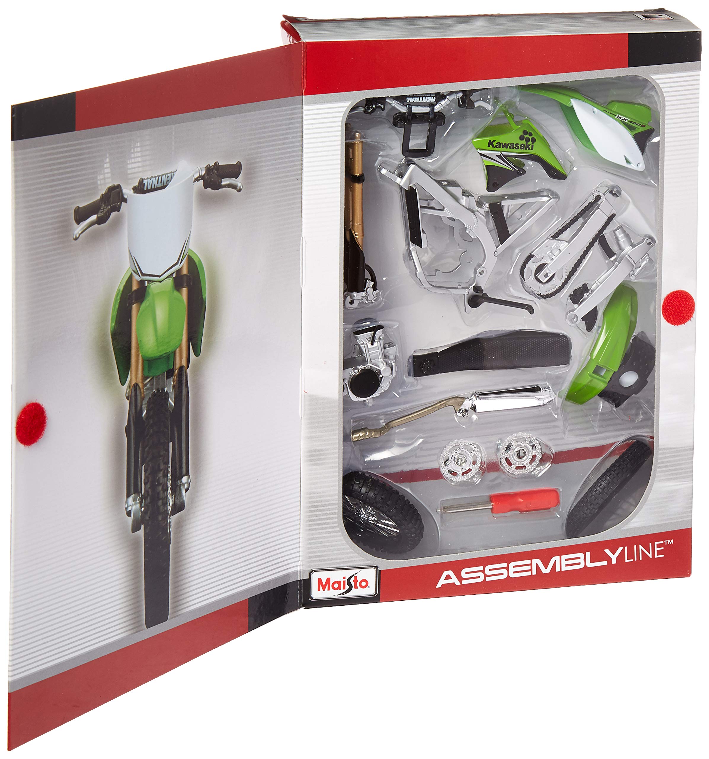 Maisto Kawasaki KX450F die-cast body close-up for authentic realism.