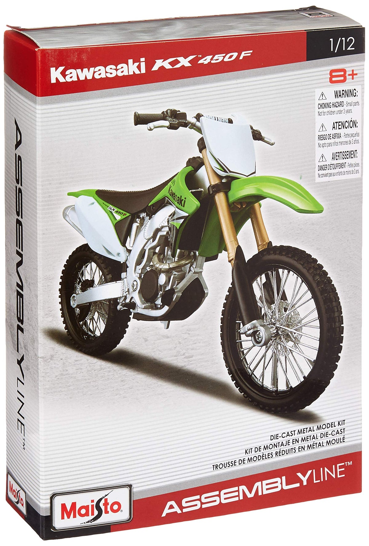 Maisto Kawasaki KX450F model front view for display and collection.