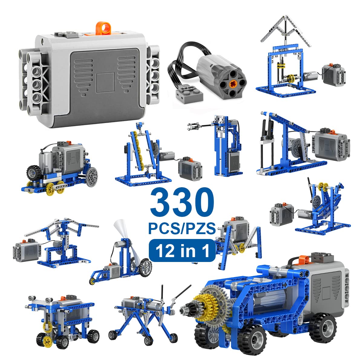 Maiwaput 330Pcs building kit contents with motor parts for imaginative construction play.