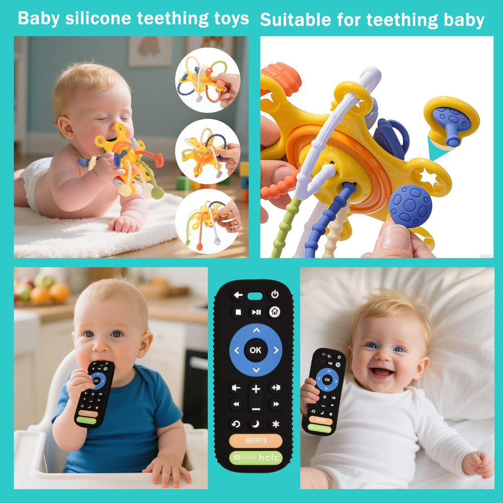 Majabike silicone remote teether offers teething relief with safe textures.