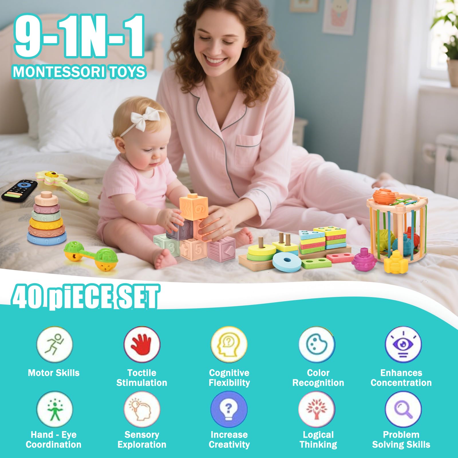 Majabike soft building blocks in gentle colors for stacking exploration.