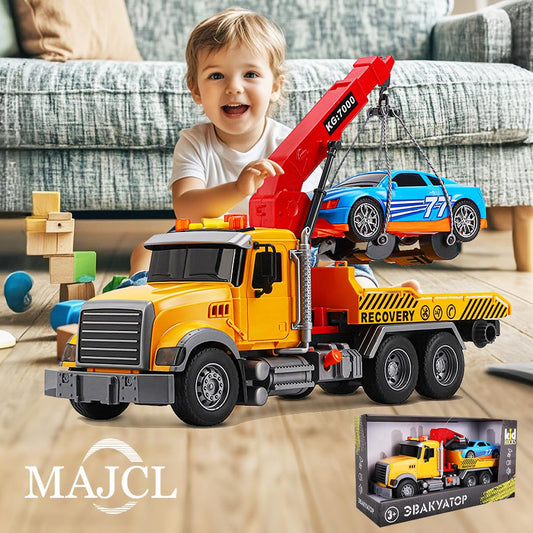MAJCL 15-inch tow truck toy, arm extension, enables authentic loading and unloading actions.