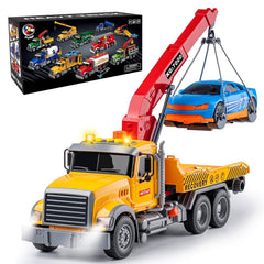 MAJCL 15-inch tow truck toy, side view, shows durable construction for long-lasting play.