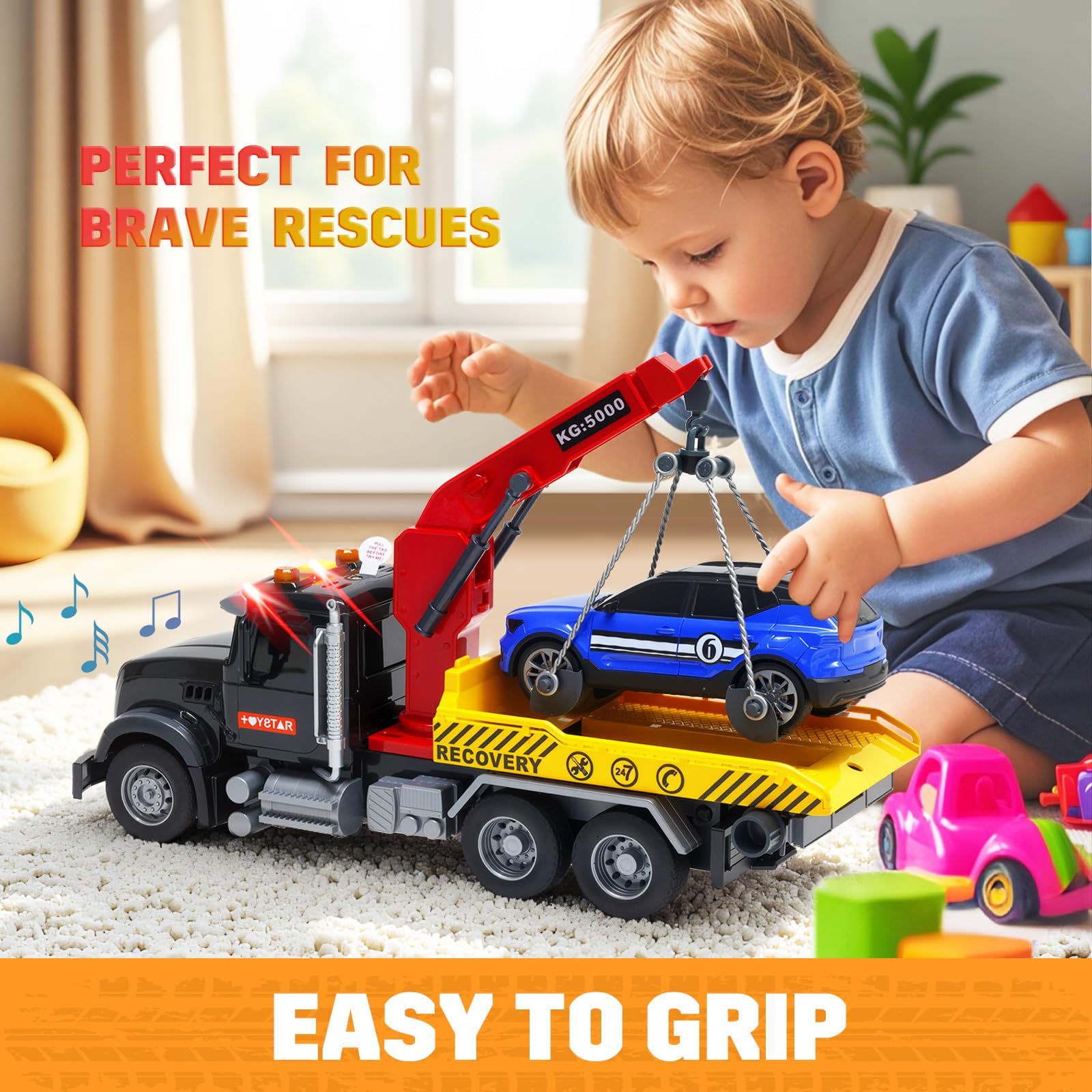 MAJCL tow truck crane action enhances fine motor skills during play.