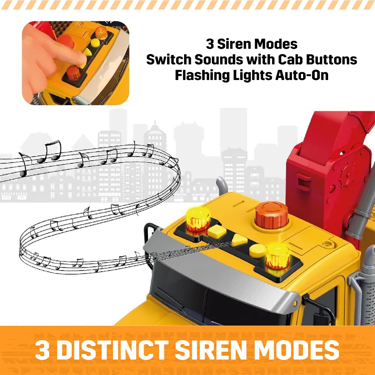 MAJCL tow truck toy with lights and sounds, cab button activates immersive effects.