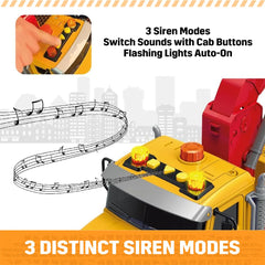 MAJCL tow truck toy with lights and sounds, cab button activates immersive effects.
