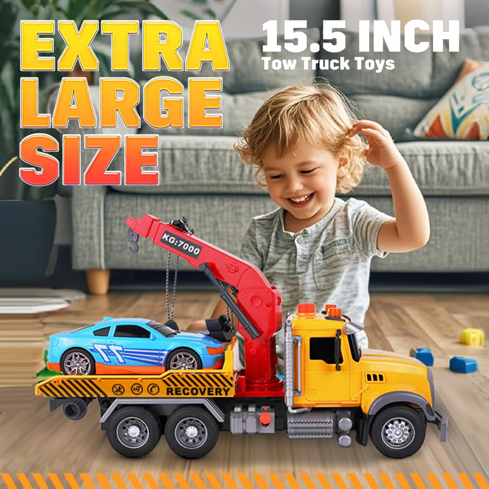 MAJCL tow truck with ramp loading action, illustrates easy vehicle transfer during play.