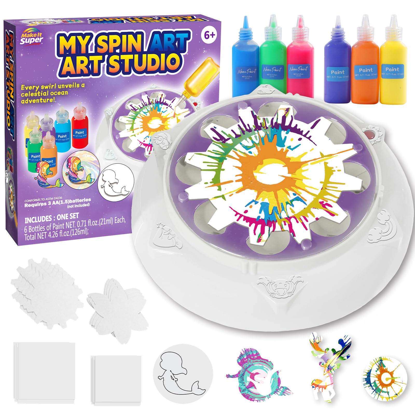Make It Super Spin Art Machine Kit gift-ready packaging for birthdays.