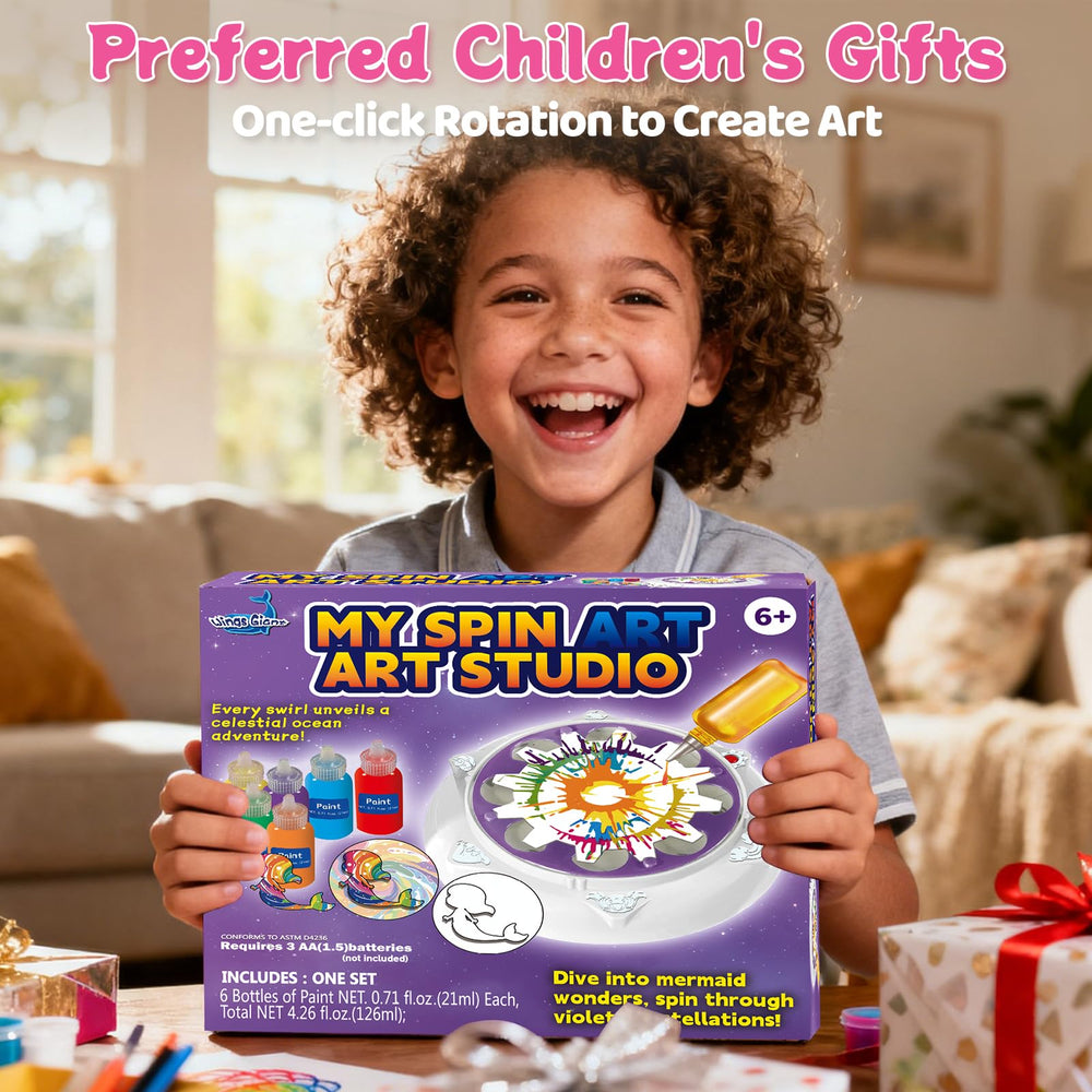 Make It Super Spin Art Machine Kit metallic paints add shimmer.