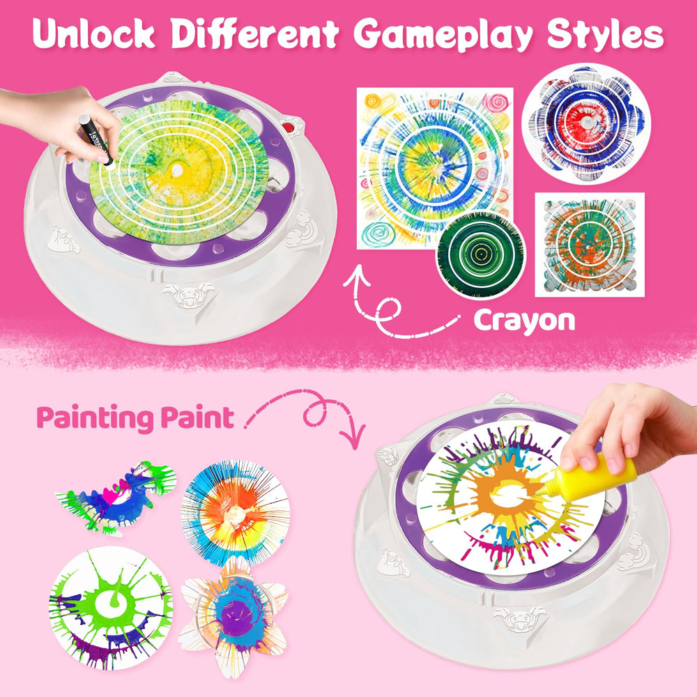 Make It Super Spin Art Machine Kit white crayons add contrast and detail.