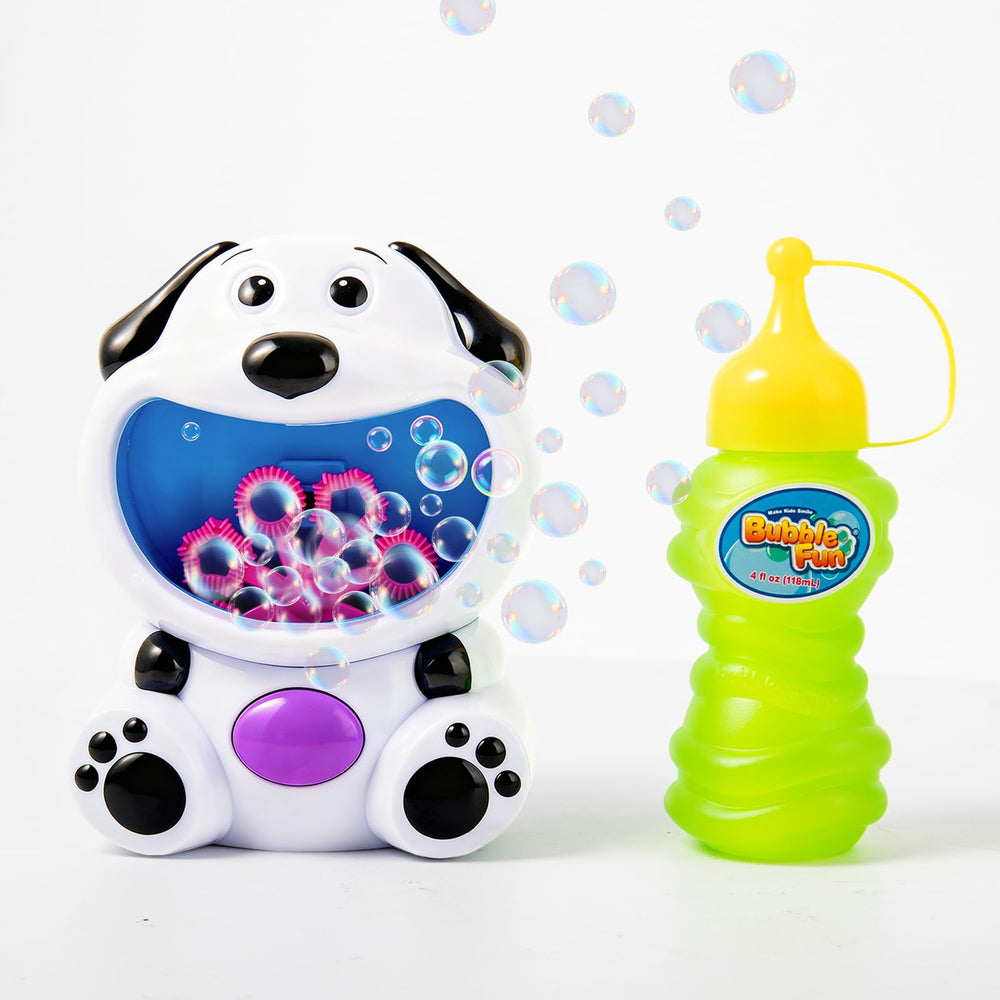 Make Kids Smile Bubble Fun dog bubble machine with a cute puppy design draws kids into bubble play