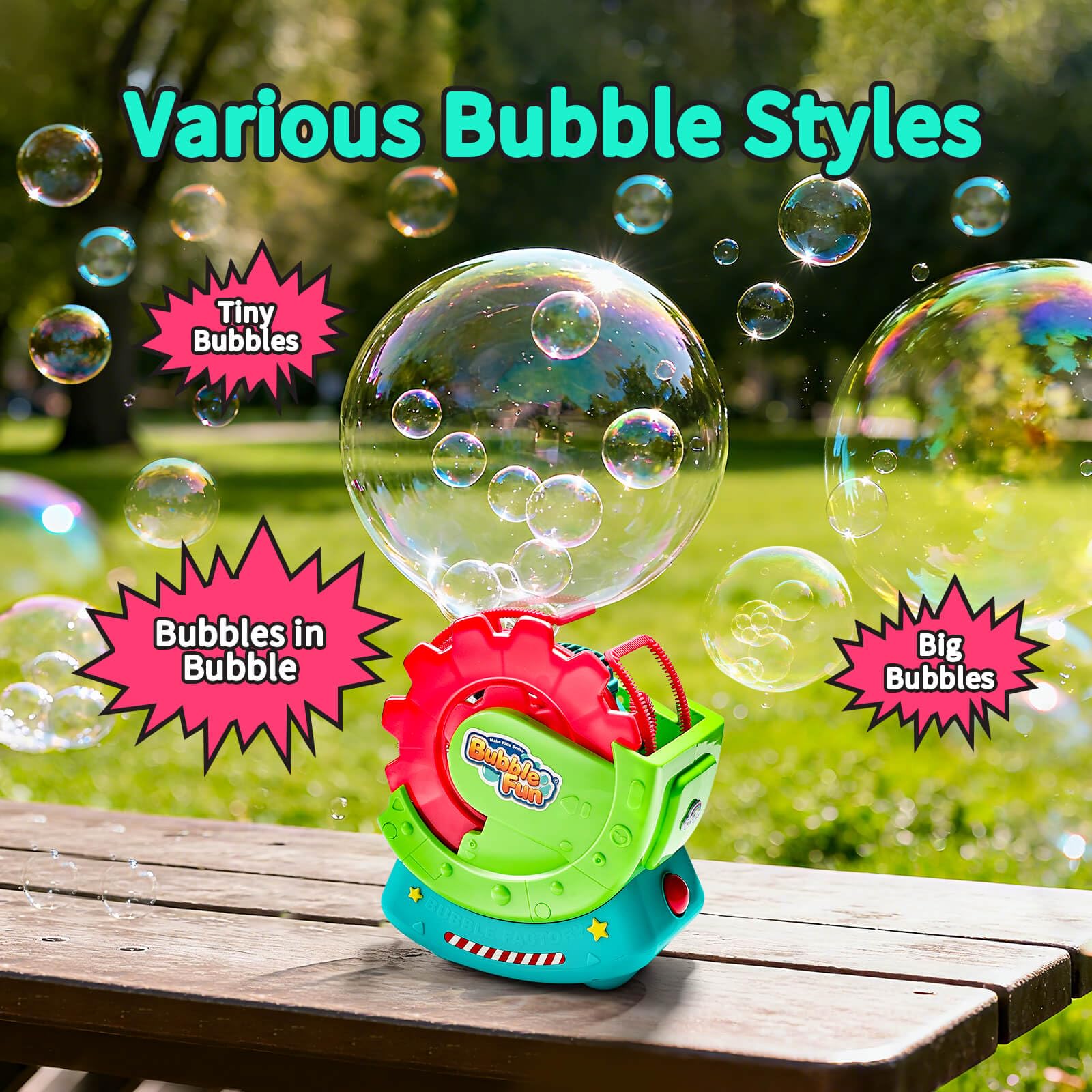 MAKE KIDS SMILE BUBBLE FUN extra-large bubbles fill the air for magic.
