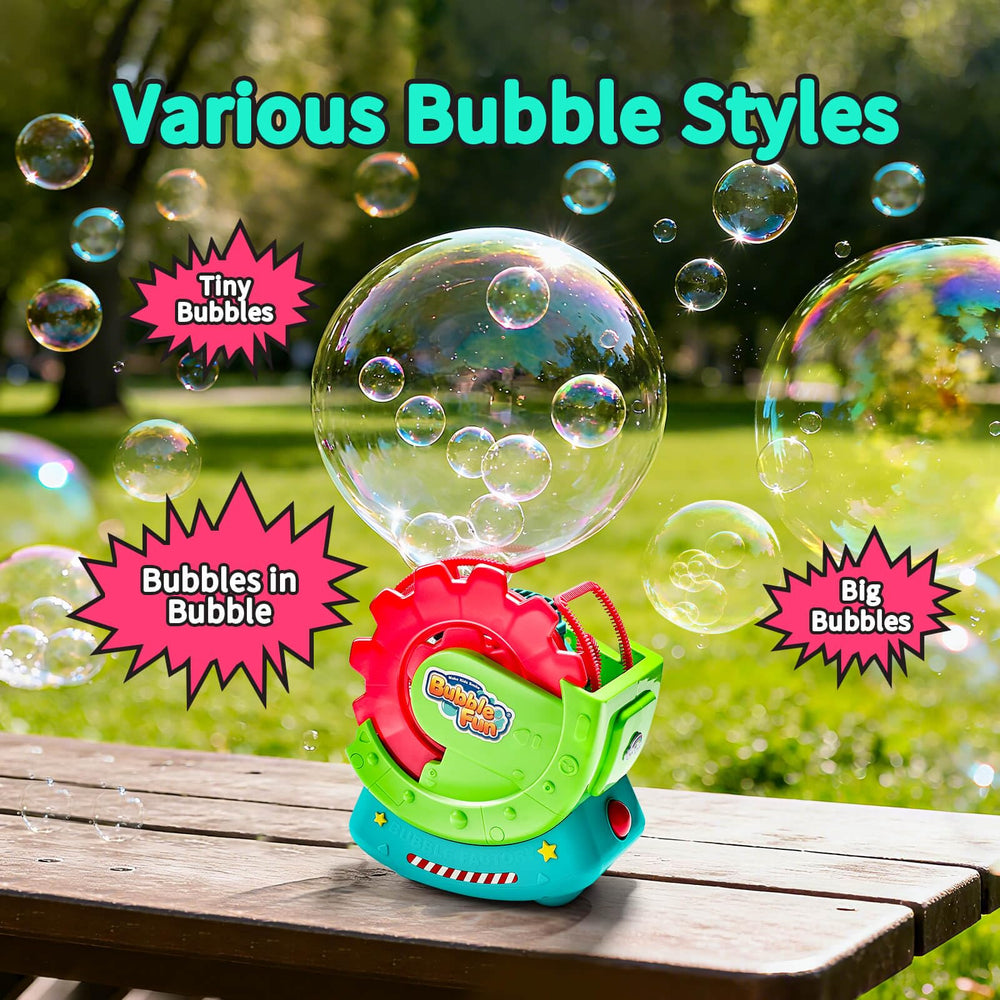 MAKE KIDS SMILE BUBBLE FUN extra-large bubbles fill the air for magic.