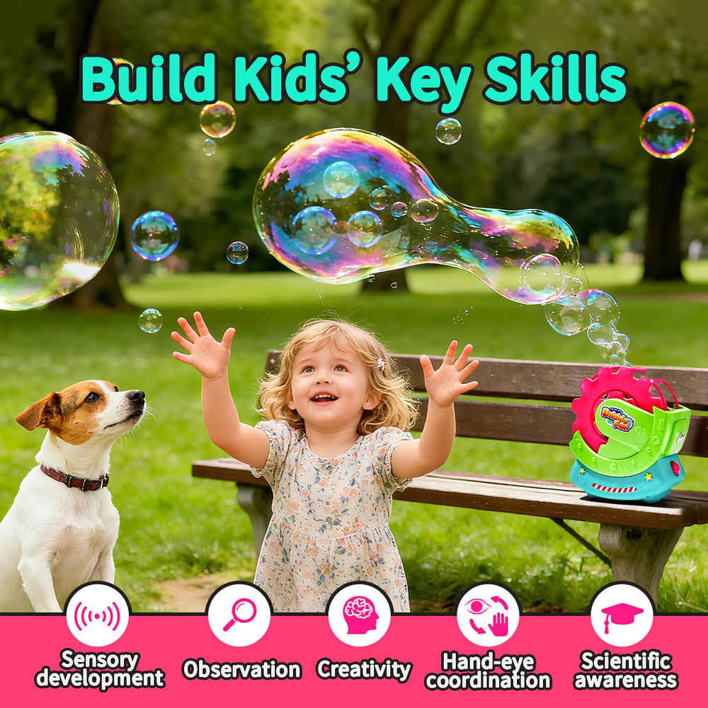 MAKE KIDS SMILE BUBBLE FUN dual-safety power keeps kids safe during play.