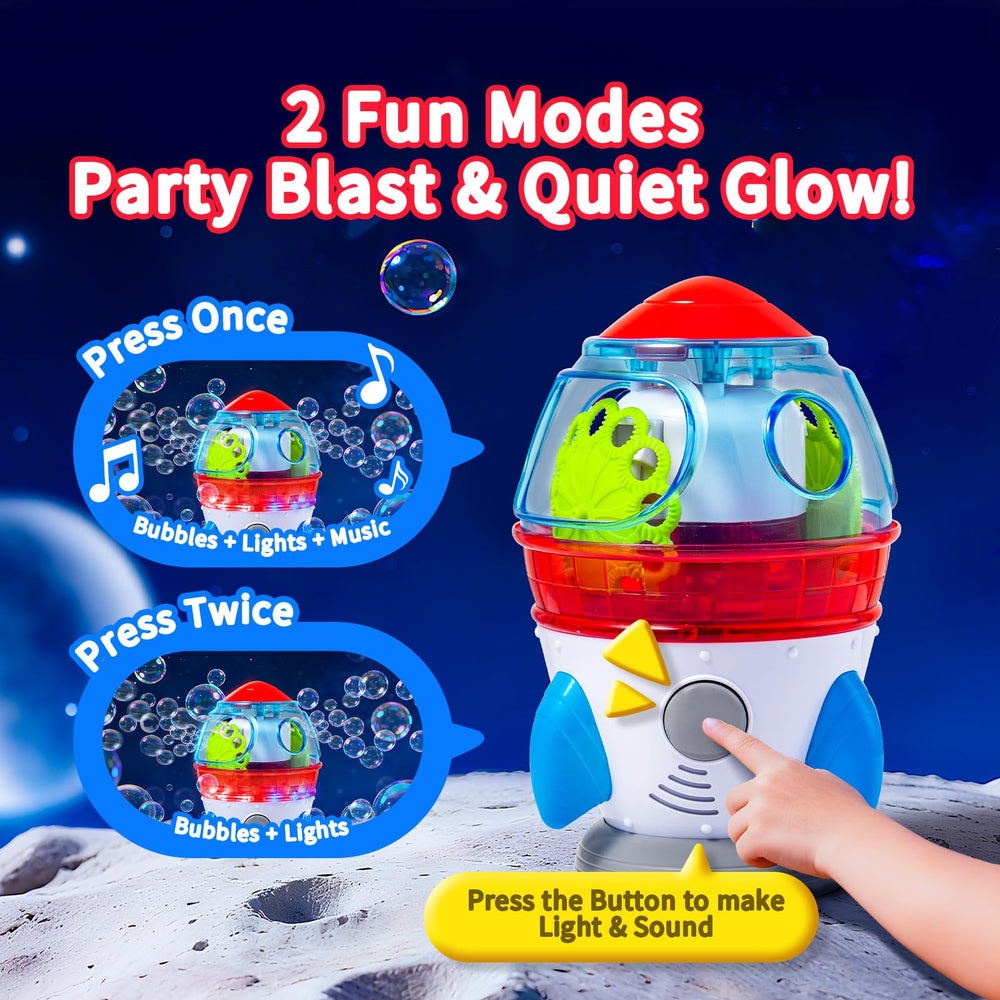 Make Kids Smile Rocket Bubble Machine LED lights brighten bubbles for a space themed display