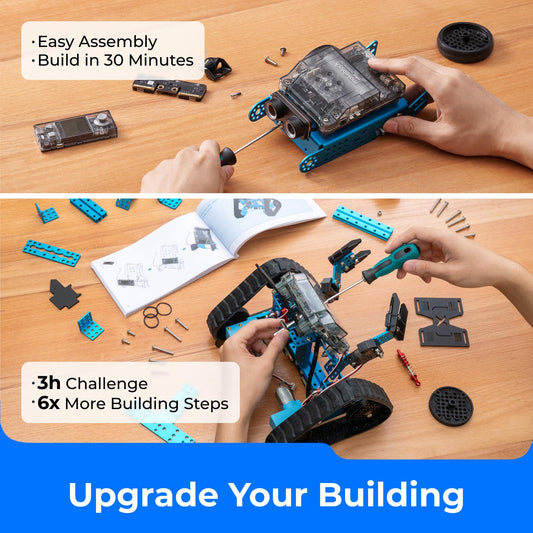 Makeblock mBot2 Rover construction shot, simple assembly for curious builders.