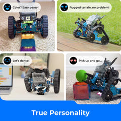 Makeblock mBot2 Rover outdoors on varied terrain, encouraging exploration.