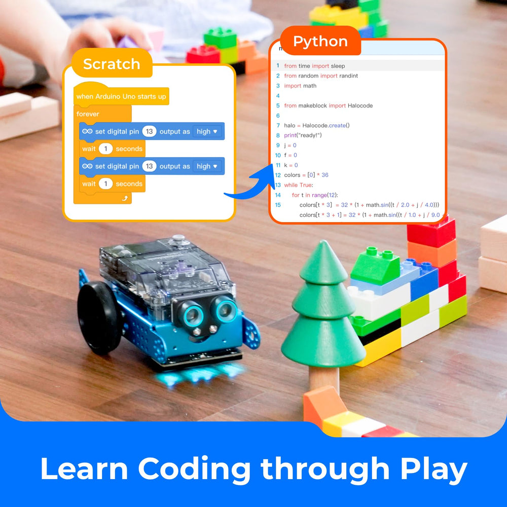 Makeblock mBot2 scratch-python coding scene promotes beginner-friendly programming adventures