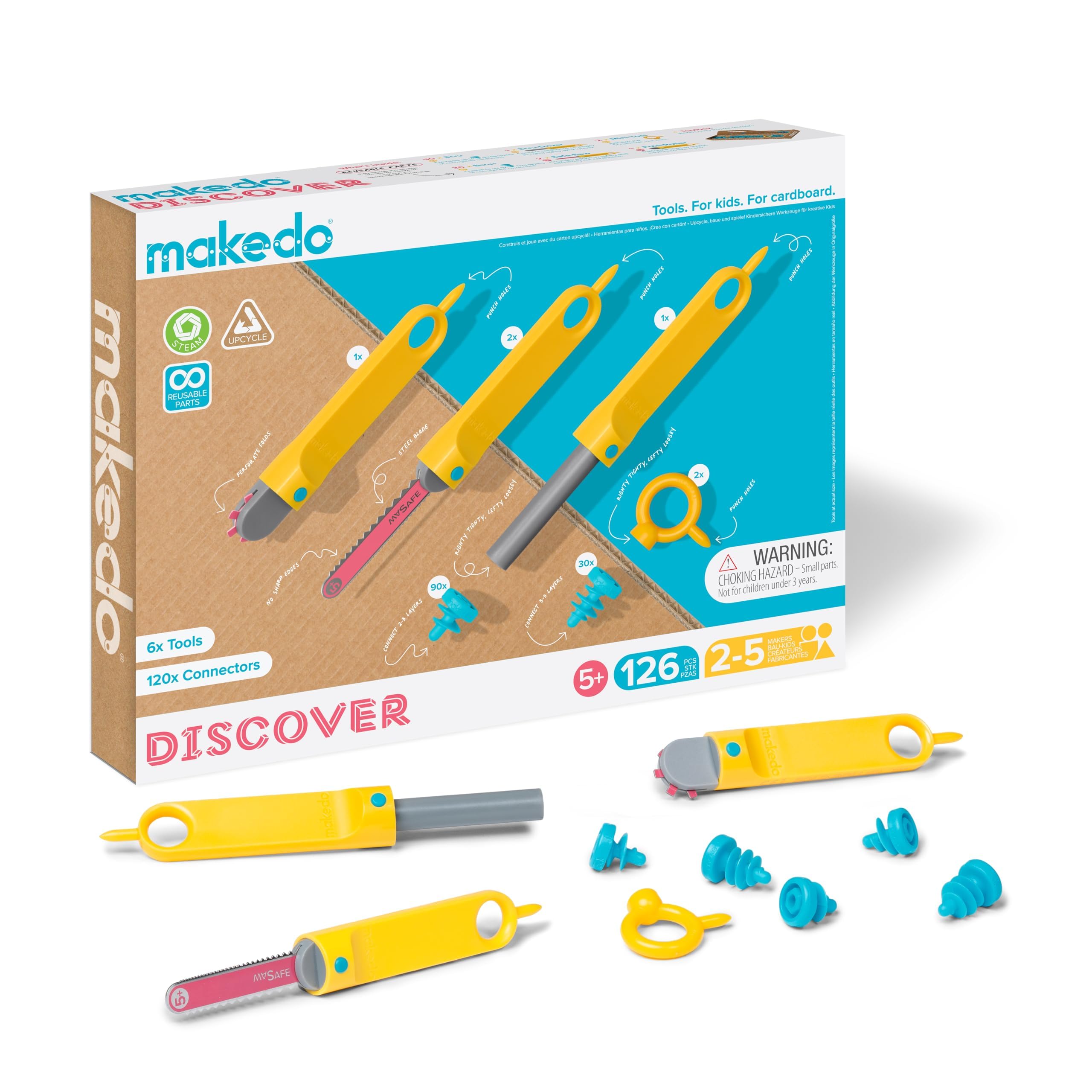 Makedo Discover toolkit with 126 pieces ready for collaborative building.