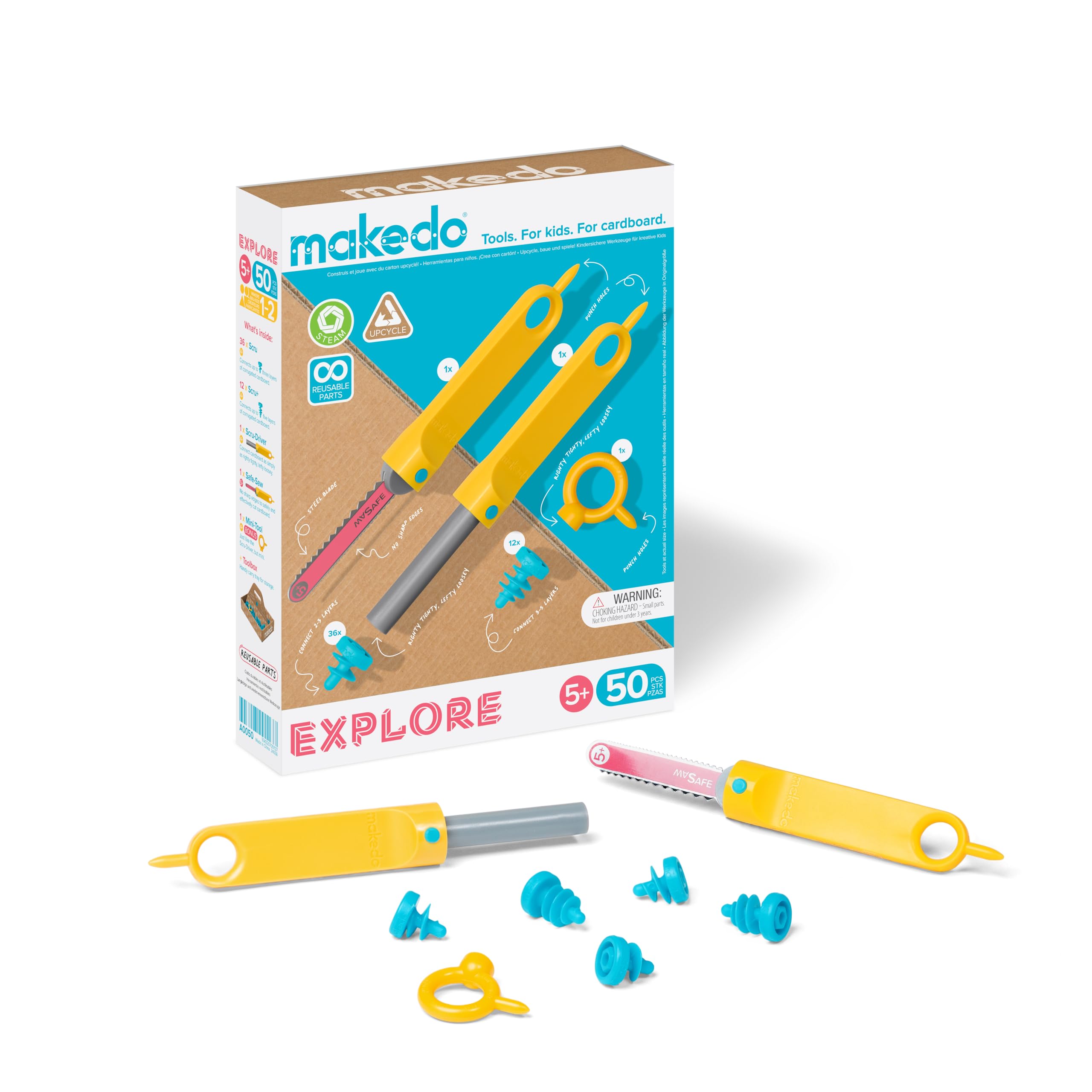 Makedo Explore toolbox open with a compact 50-piece kit for creative cardboard construction at home.