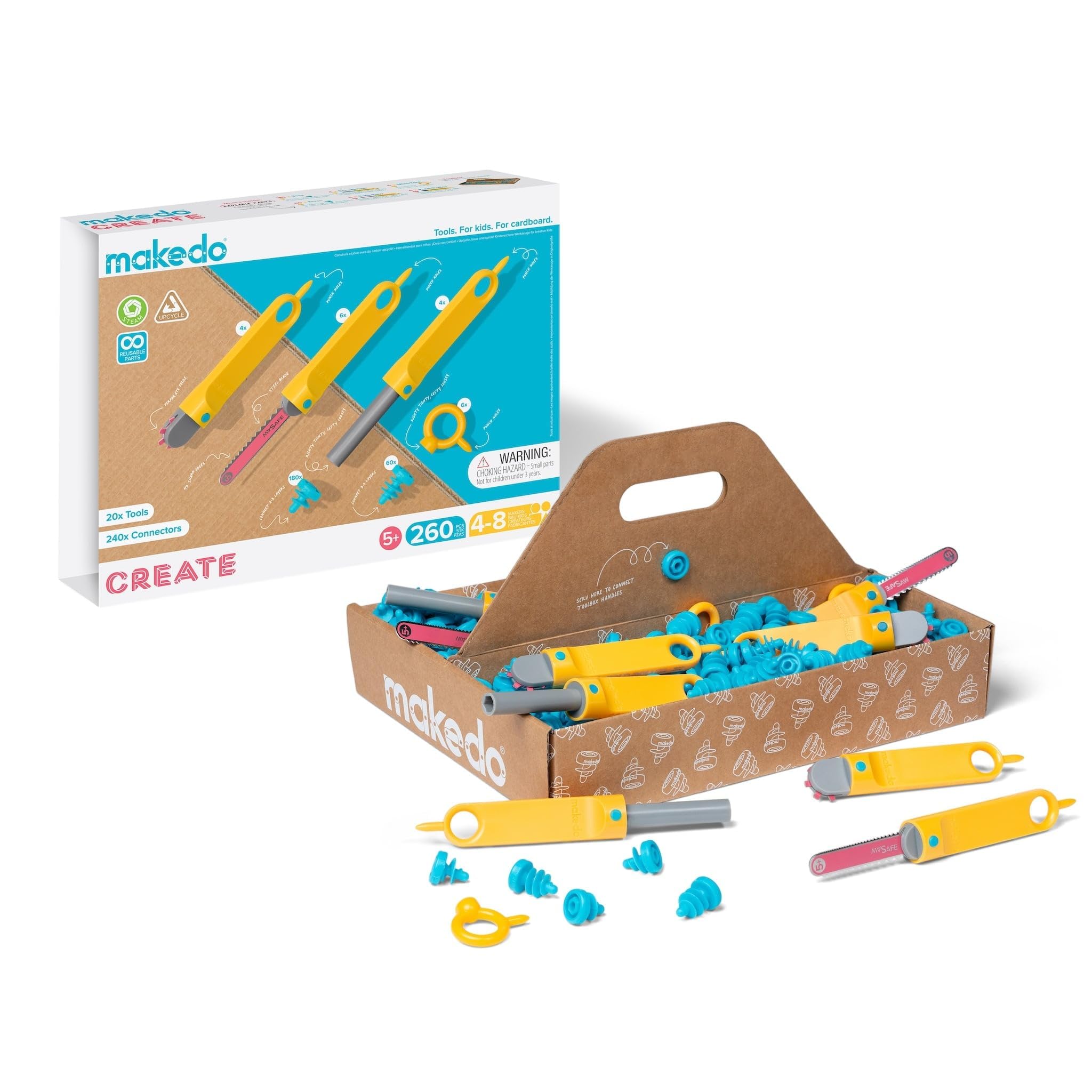 Makedo Create toolbox kids building, fostering collaborative, hands-on cardboard projects.