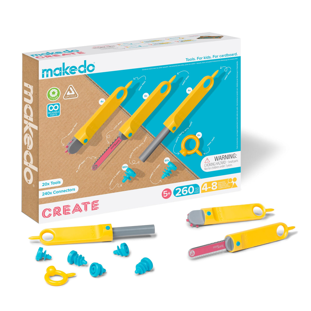Makedo Create toolbox open, inviting quick-start cardboard build projects.
