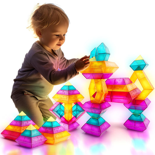Make Kids Smile Bubble Fun building blocks 30pc glow on light table for sensory STEM play.