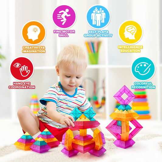Make Kids Smile Bubble Fun translucent blocks in vibrant colors and shapes for creative building.