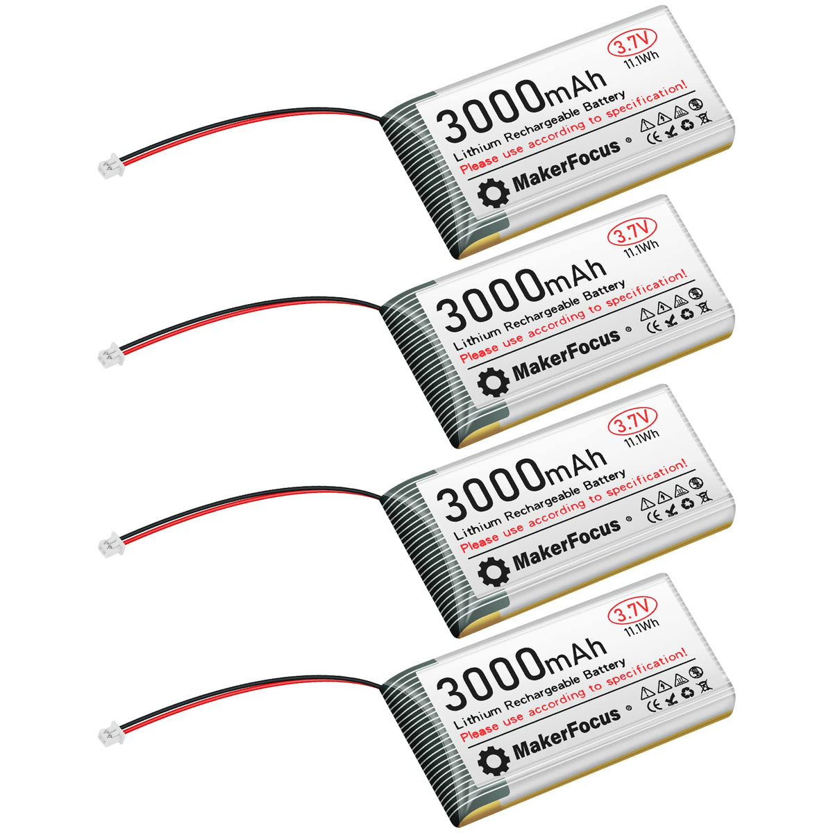 MakerFocus 4x 3.7V 3000mAh LiPo battery front view for ESP32 projects