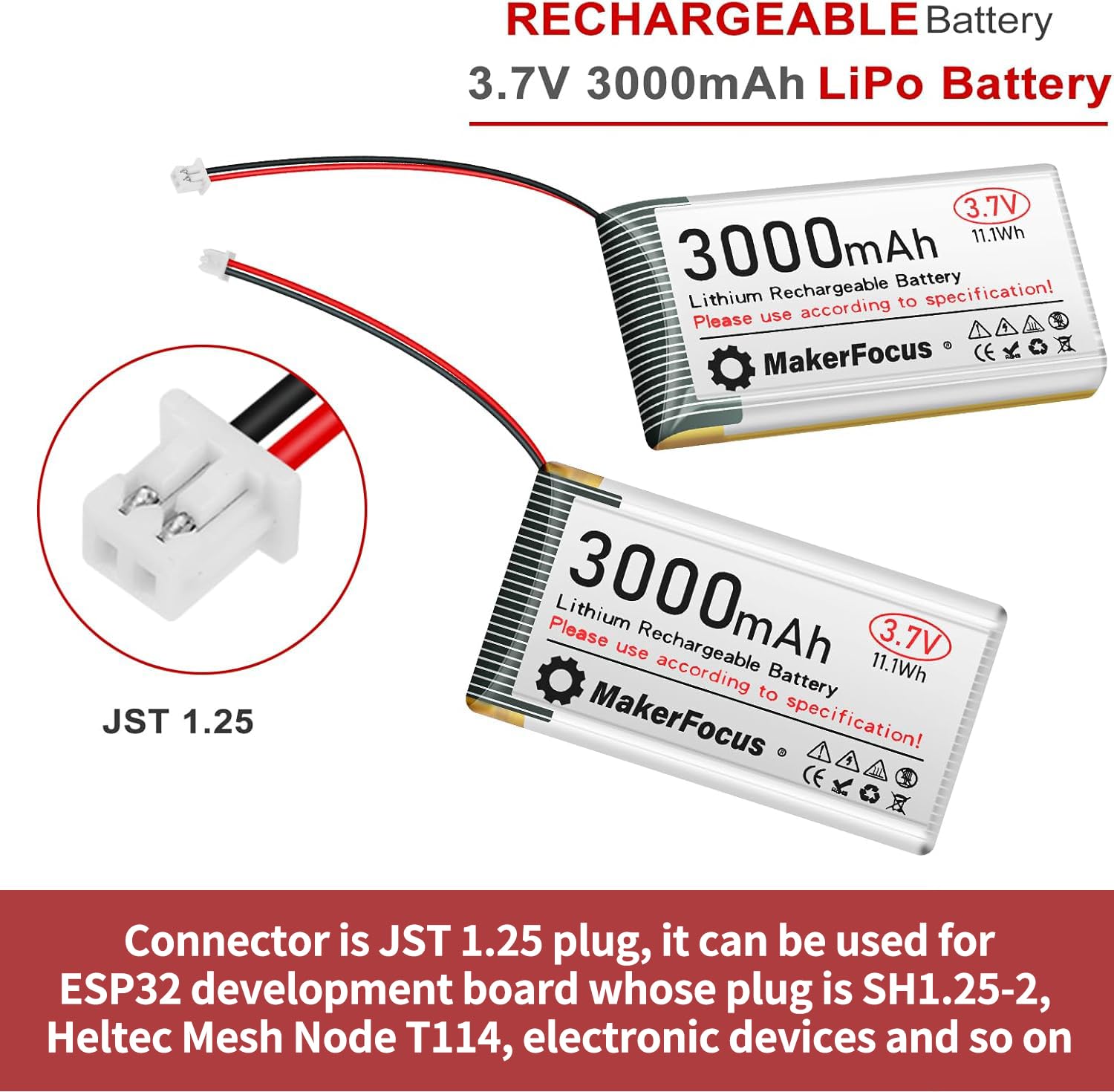 MakerFocus 4x LiPo battery side view showing compact pack design for ESP32