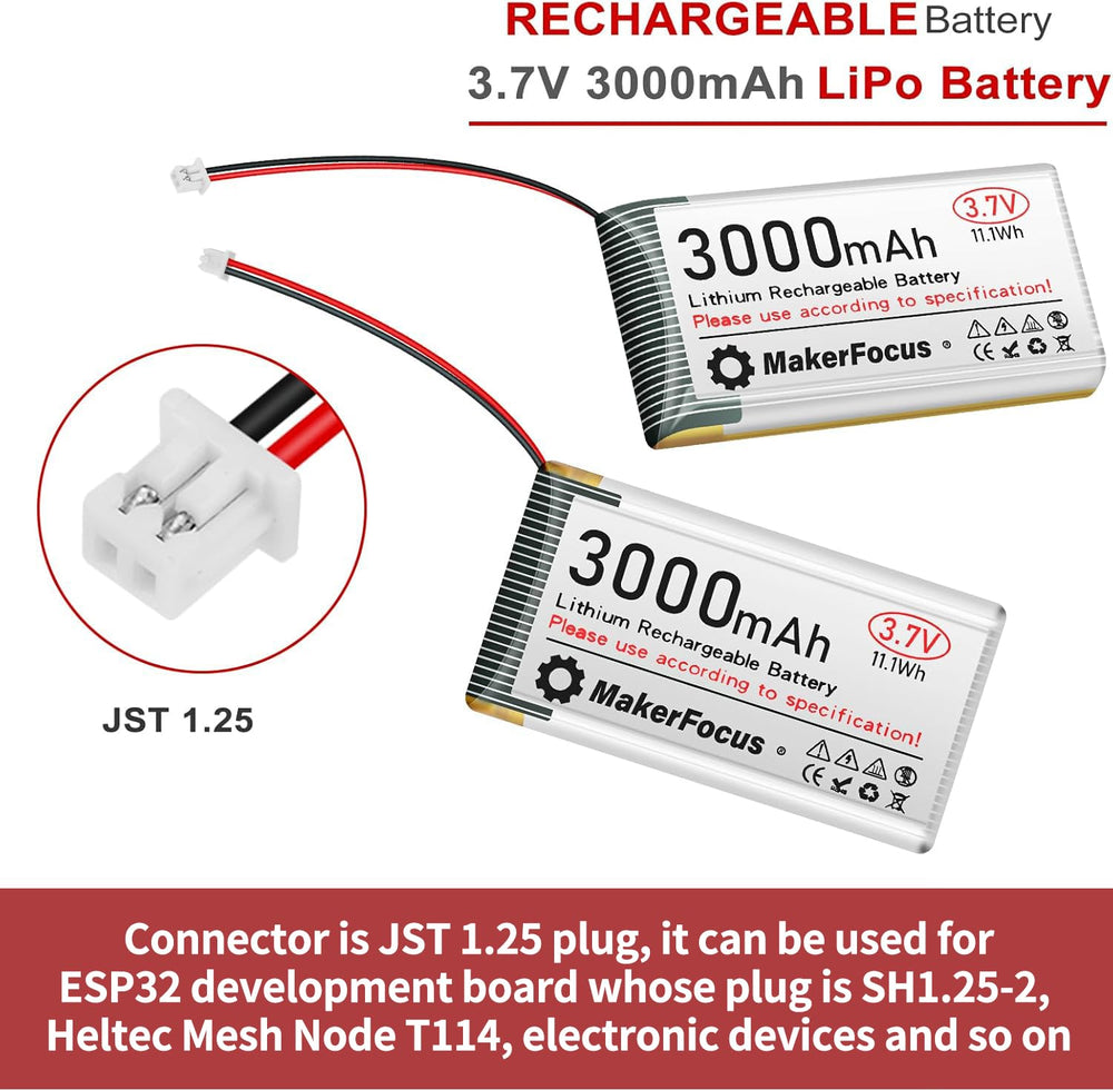 MakerFocus 4x LiPo battery side view showing compact pack design for ESP32