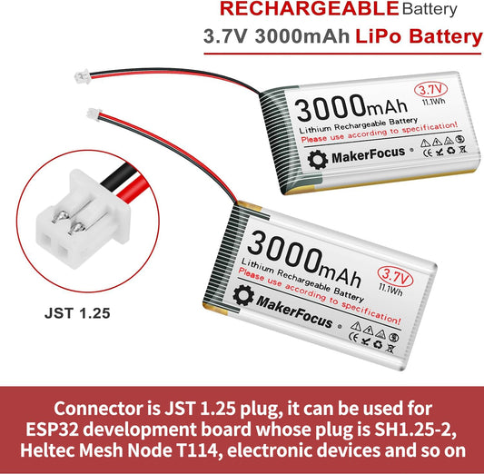MakerFocus 4x LiPo battery side view showing compact pack design for ESP32