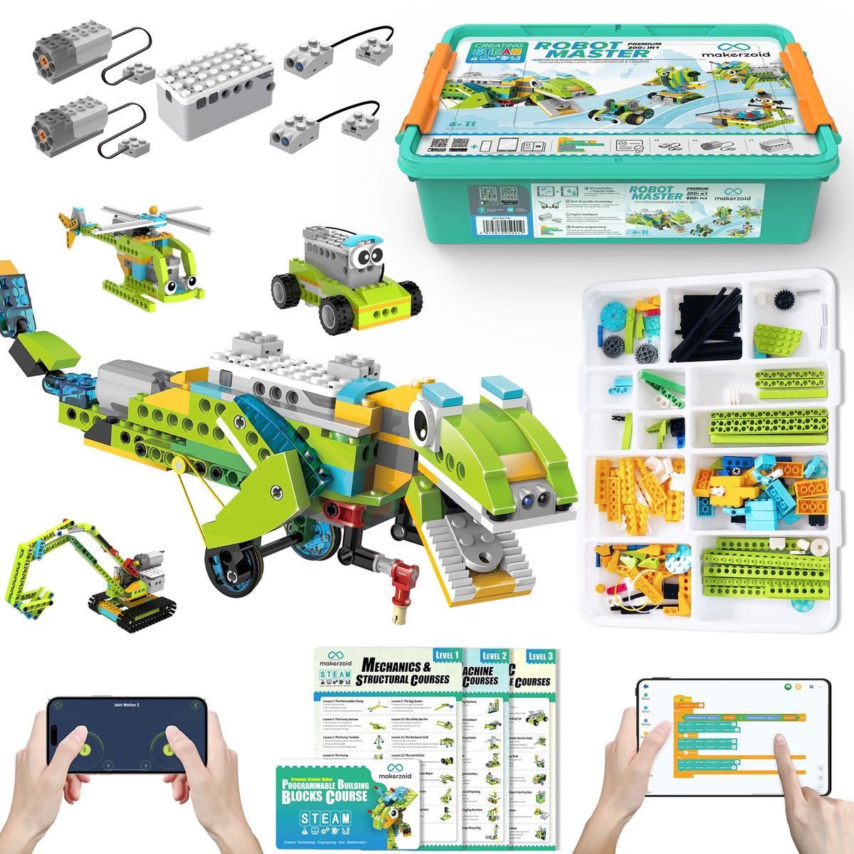 Overview of the makerzoid Coding Robot Kit showing blocks and engaging learning setup.