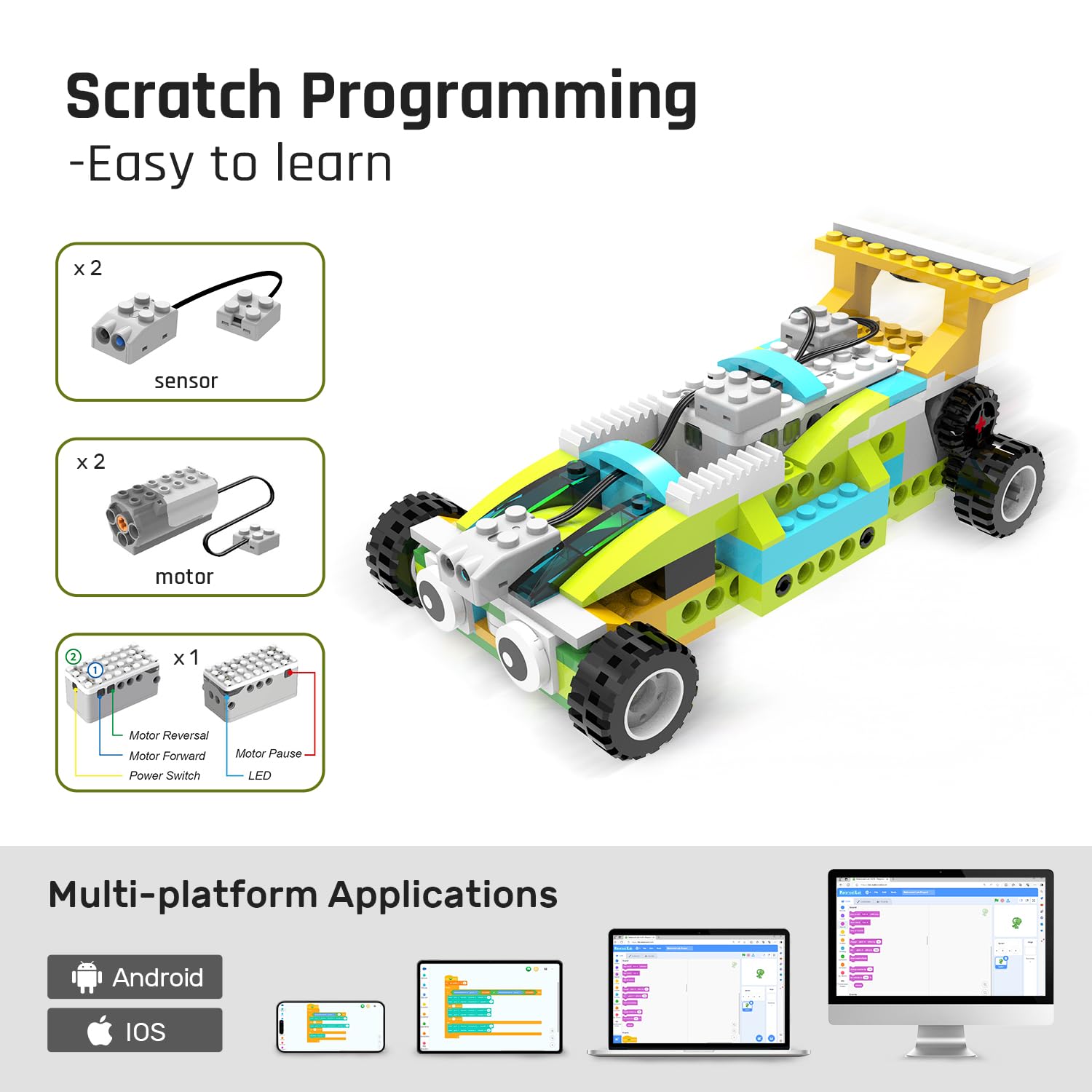 Drag-and-drop programming interface on screen teaching sequencing and logic.