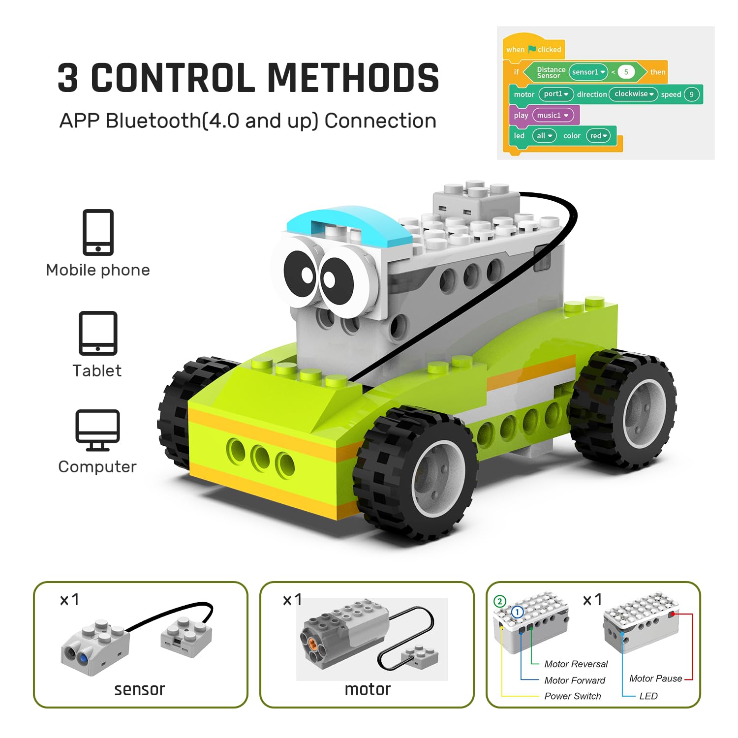 Makerzoid car model shows moving, programmable robotics for play and learning.